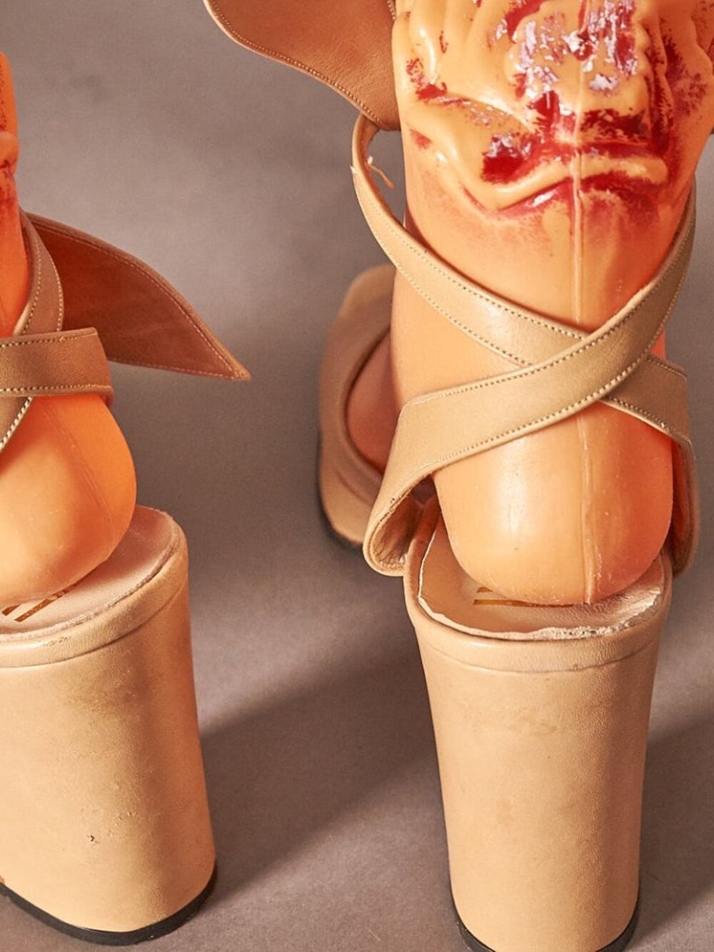 1970s Tan Beige Platforms Ultima Strapy Open Toe Heels